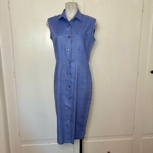 Vintage 80s/90s Esprit Blue Linen Button Down Collared Sheath Dress
